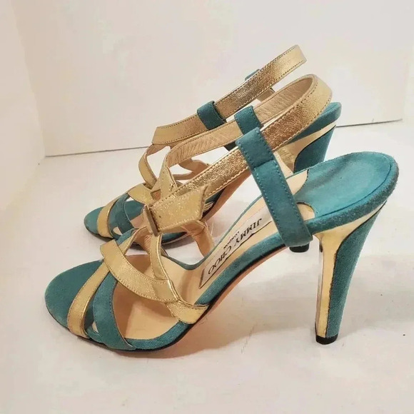 Jimmy Choo Gold and Teal Higheel Sandals Size 36.5 - Picture 3 of 7